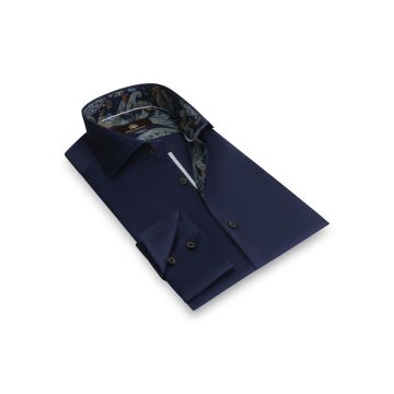 Neal - Effen overhemd met vintage-paisley contrast 100%CO